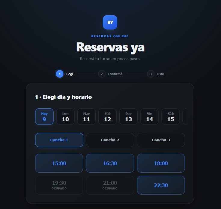 Pantalla de reserva de un turno